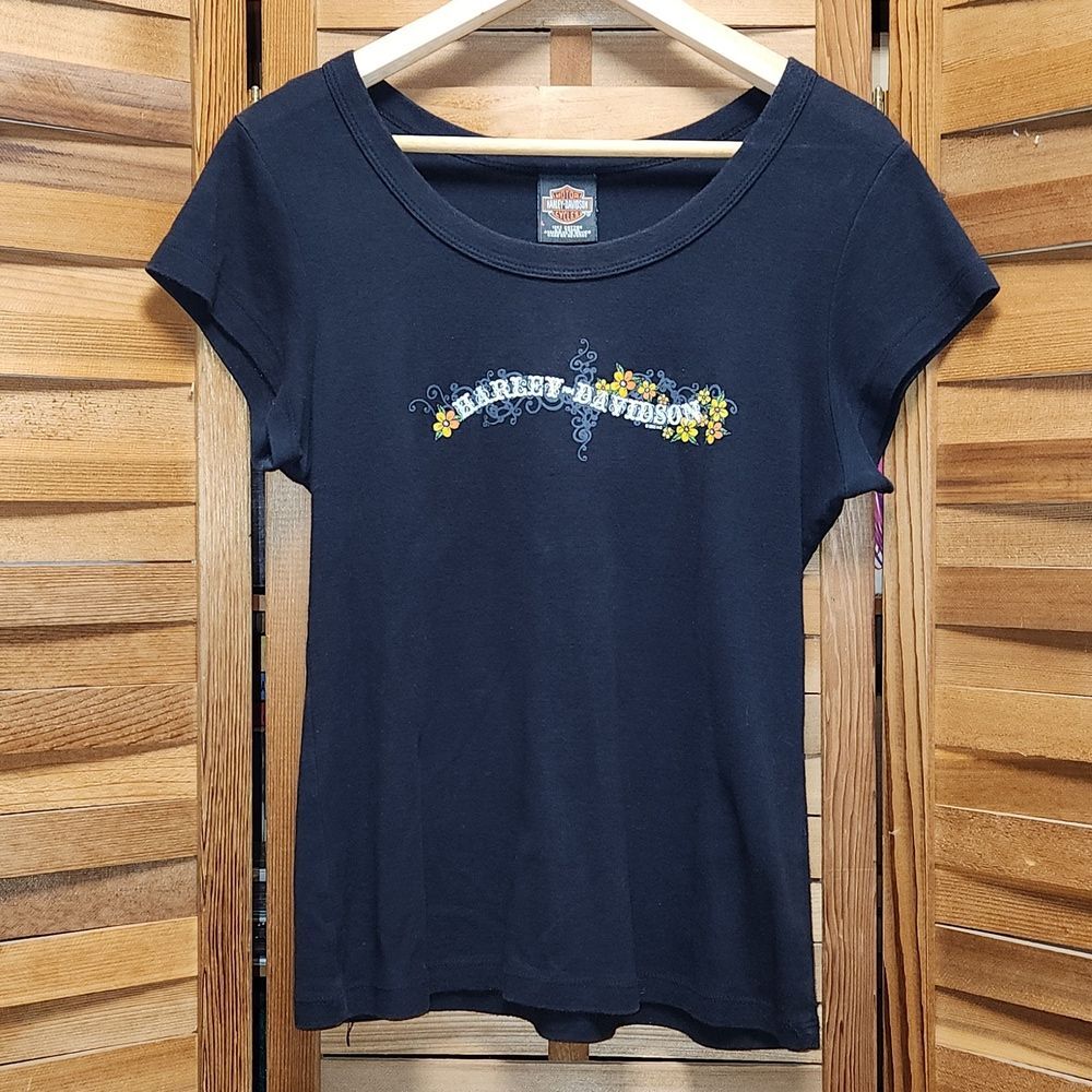 Harley Davidson Black Short Sleeve T-Shirt Women L Cotton Floral